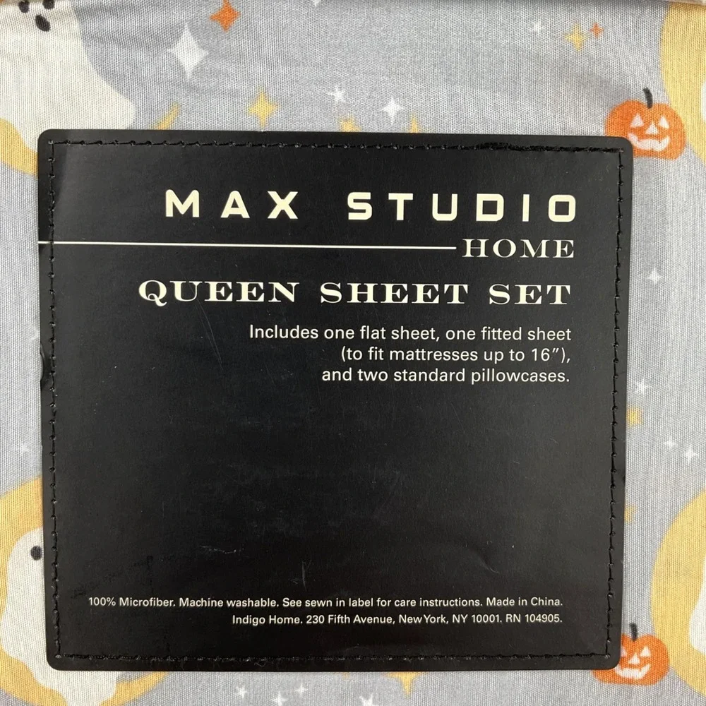 Max Studio Home Queen Sheet Set Halloween Ghost Moon Pumpkin Grey 4pc Microfiber